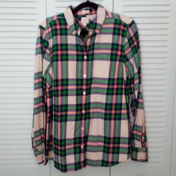 J.CREW ROCK SALT L BOY FIT BUTTON-UP PLAID LONG-SLEEVE SHIRT 100% COTTON POCKET - Picture 1 of 4